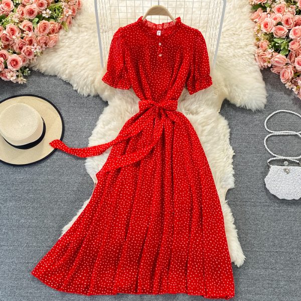 Vintage Red/Blue Polka Dot Chiffon Long Dress Women Short Sleeve High Waist Vestidos With Sashes Female Vacation Beach New