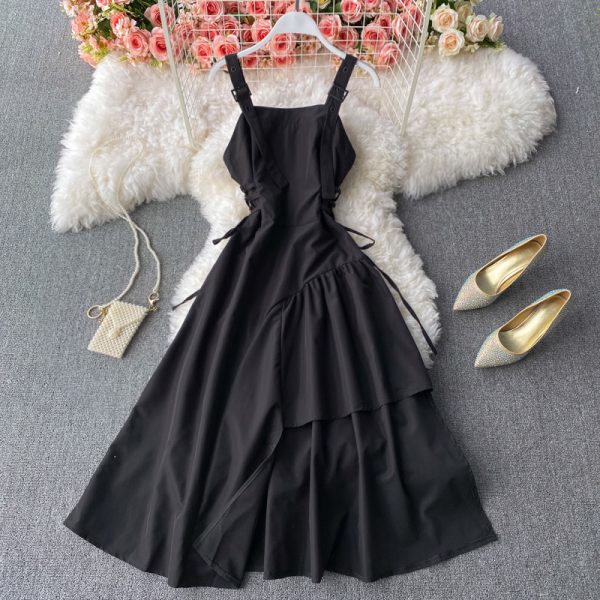 Vintage Black Irregular Dress Women Casual High Waist Slim Drawstring Spaghetti Strap Vestidos Female New Fashion Summer